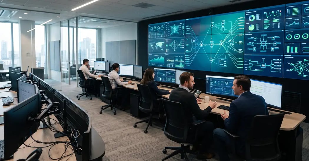 B2B operations command center with wall displays showing interconnected workflow diagrams, representing business systems architecture that scales