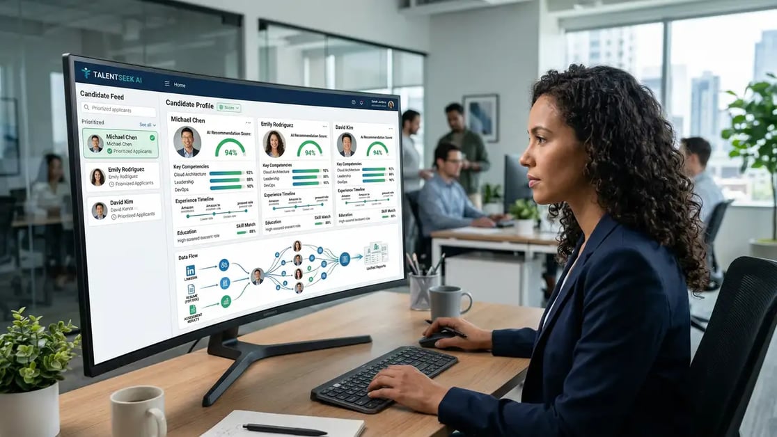 AI-powered candidate profiling dashboard showing structured candidate cards with competency scores and experience timelines for executive search automation
