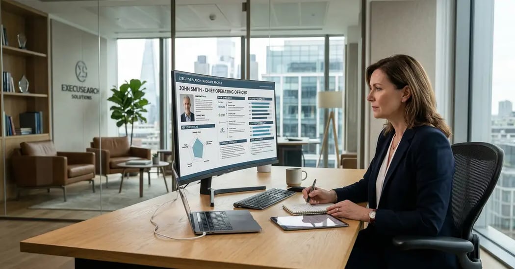 Executive recruiter reviewing AI-generated candidate profile report with data visualizations and competency charts on monitor in modern search office