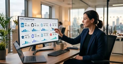 Recruiting consultant viewing multi-channel candidate sourcing dashboard showing 8 sourcing channels with pipeline metrics and response rates