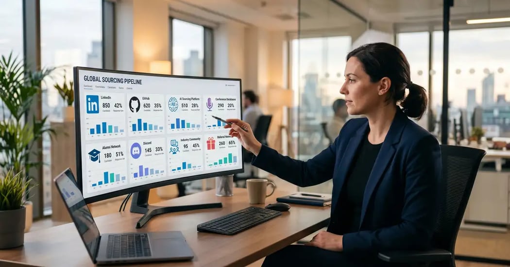 Recruiting consultant viewing multi-channel candidate sourcing dashboard showing 8 sourcing channels with pipeline metrics and response rates
