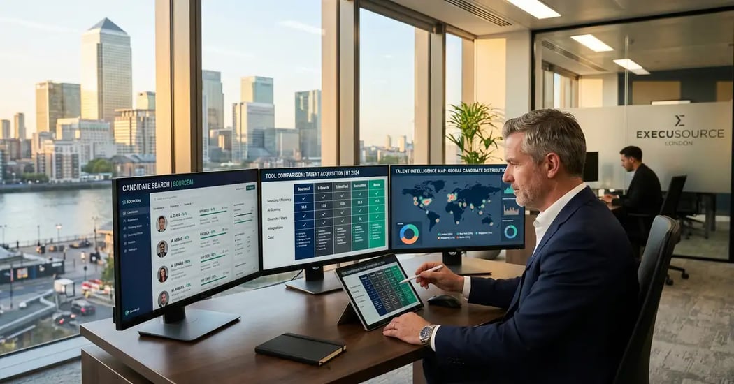 Executive search firm operations dashboard showing candidate sourcing tools comparison across multiple monitors in modern London office with city skyline