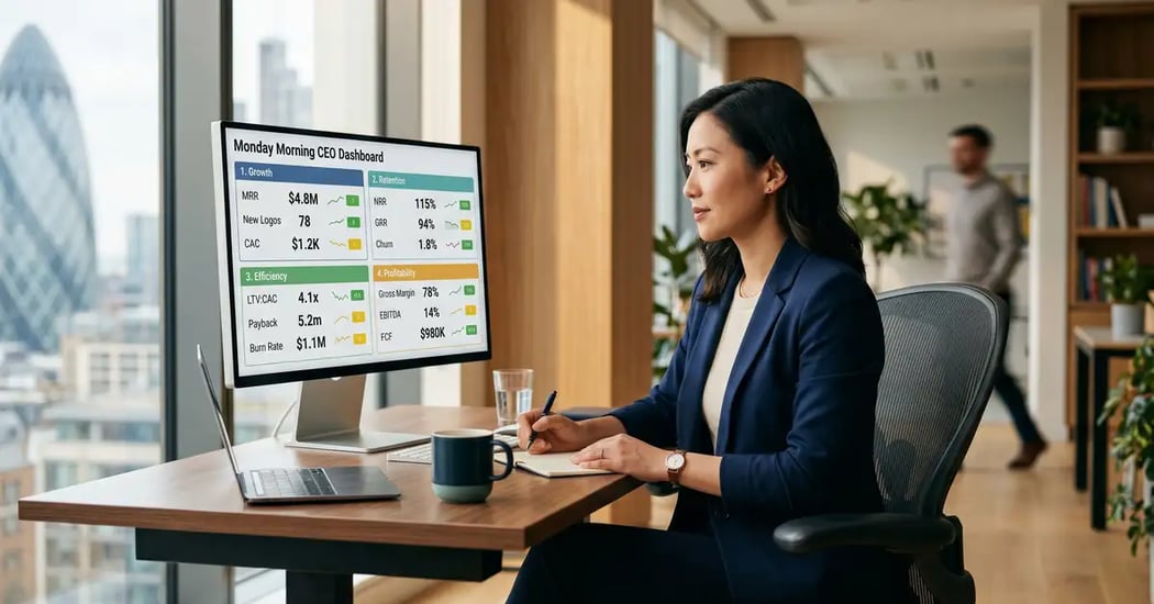 B2B SaaS CEO at a Monday morning reviewing the 12-metric dashboard organized in 4 quadrants