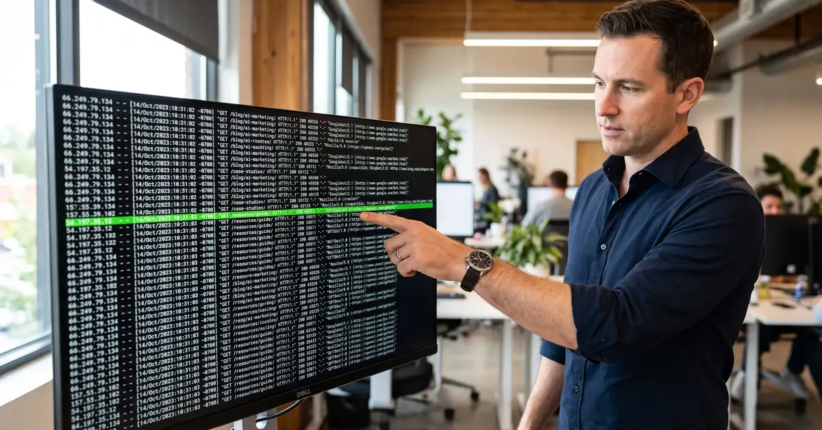 A marketing professional pointing at highlighted AI crawler user agent lines in a web server access log displayed on an office monitor