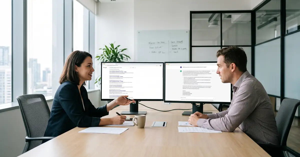 Two marketing colleagues comparing a conventional search results page and a conversational AI answer with cited sources on side-by-side monitors