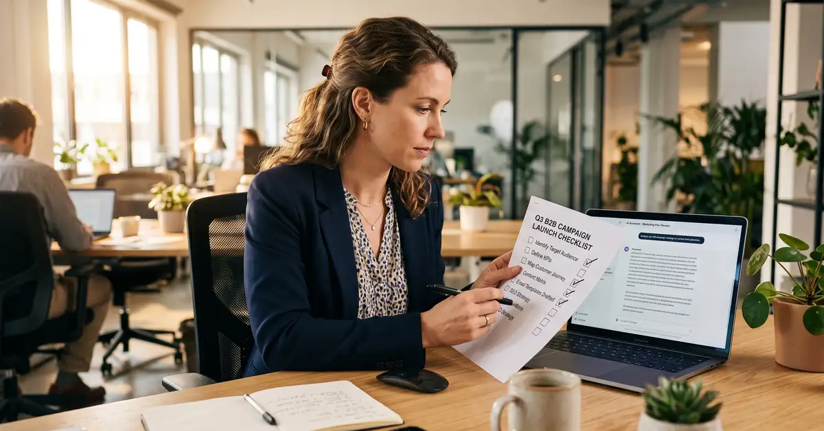 A B2B marketing manager working through a printed checklist against an AI assistant answer shown on a laptop