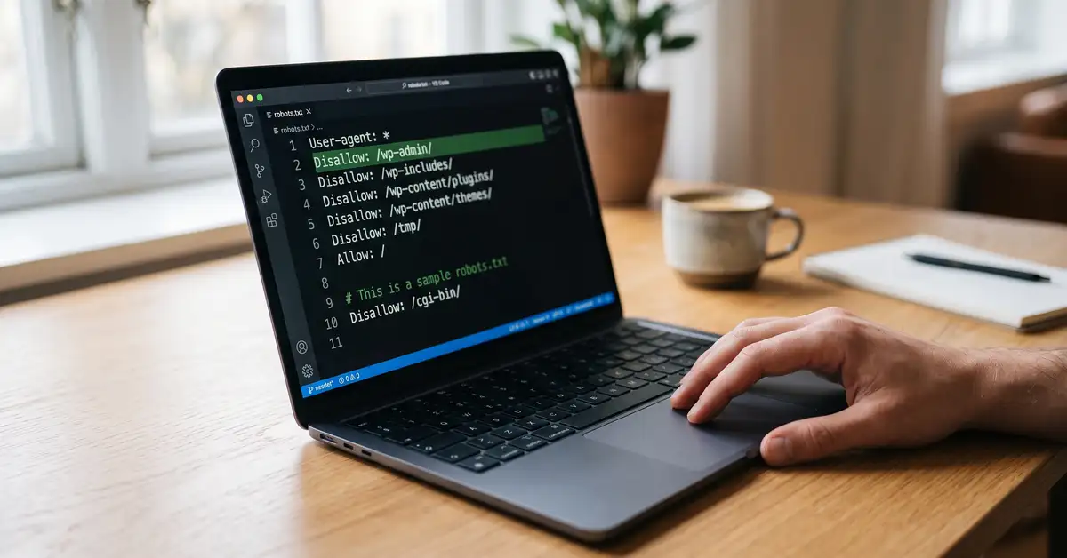 A robots.txt file open in a code editor on a laptop with a single crawler rule highlighted in green