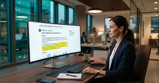 B2B executive reviewing AI search results with structured content highlighted for ChatGPT citation optimization
