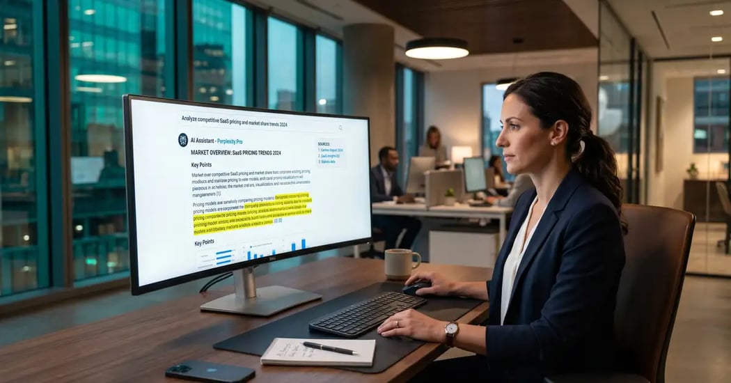 B2B executive reviewing AI search results with structured content highlighted for ChatGPT citation optimization
