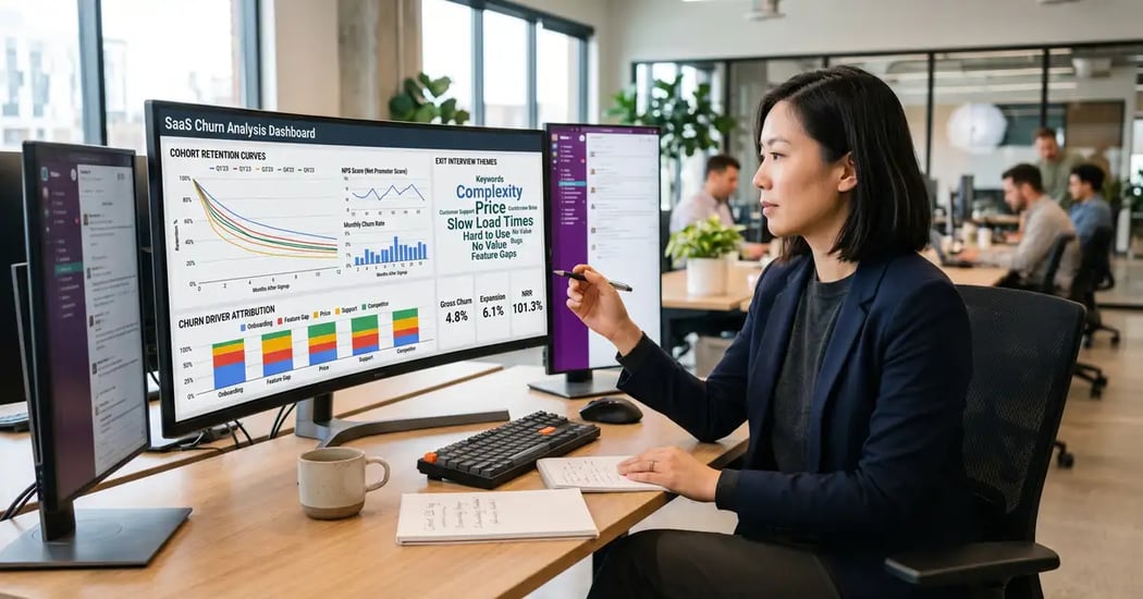 SaaS retention analyst studying churn analysis dashboard with cohort retention curves