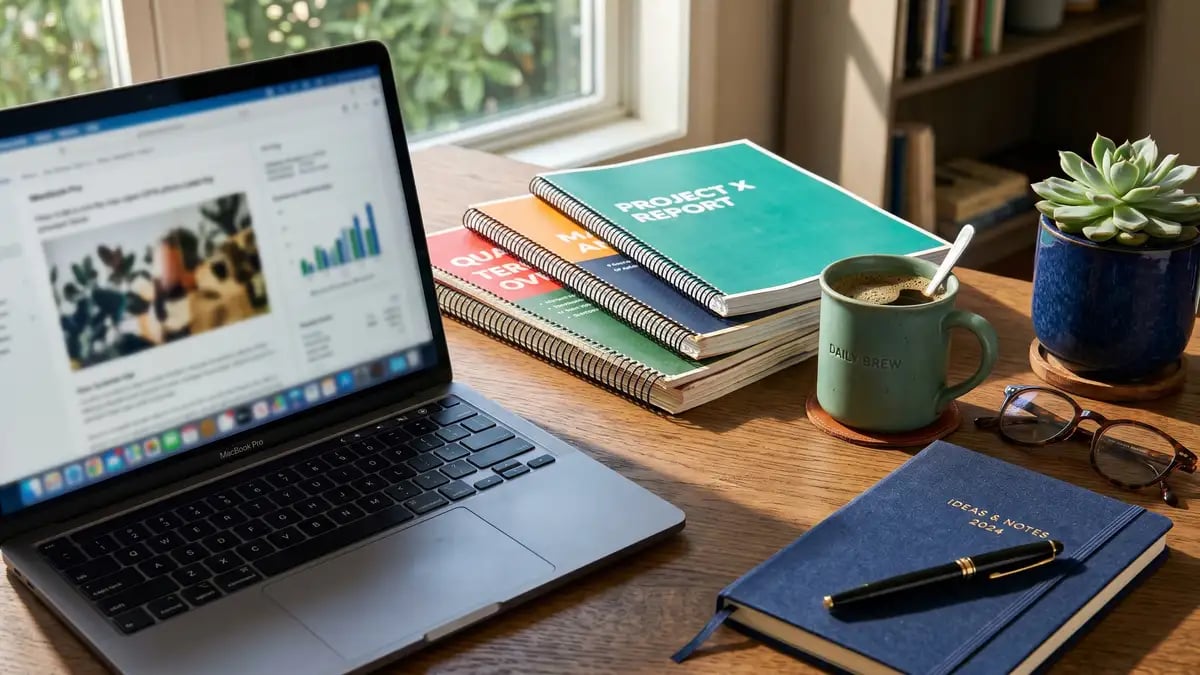 A modern desk with a laptop and printed reports, representing how AI engines retrieve and select sources to cite