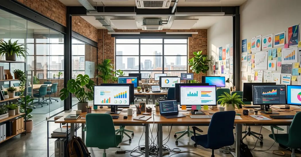 A busy modern marketing office with charts and monitors, representing how AI answer engines decide what to cite