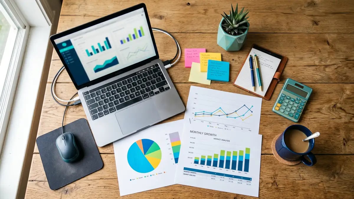 A flat-lay of charts and data on a desk, illustrating which domains AI engines cite most