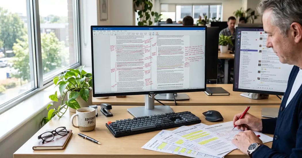 An editor's desk with a long-form article draft on screen covered in red review annotations beside printed research papers