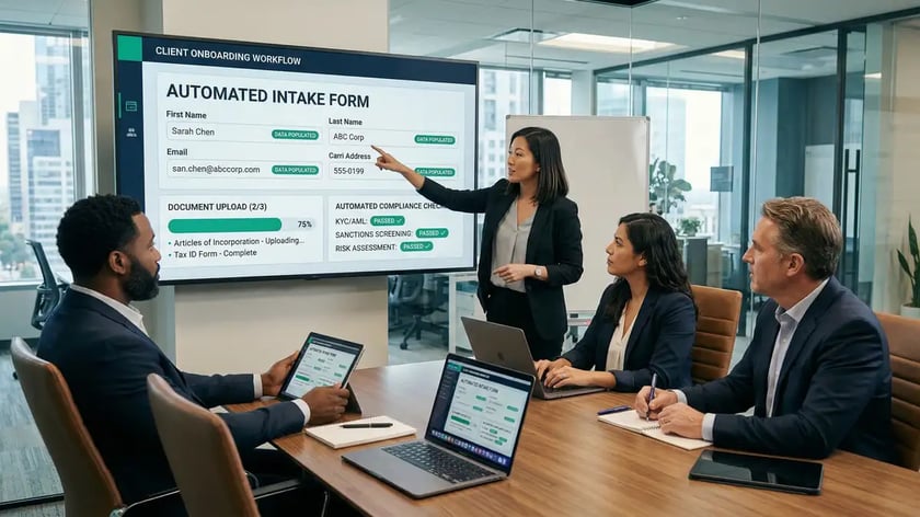 B2B team collaborating on automated client onboarding workflow displayed on conference room screen