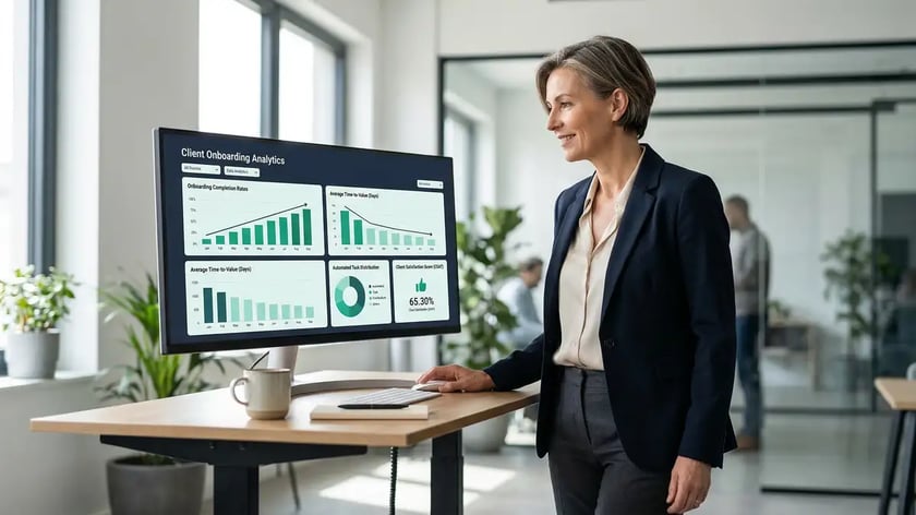Executive reviewing client onboarding analytics dashboard showing improved time-to-value metrics
