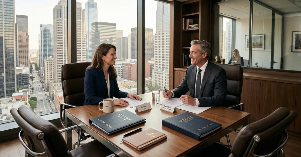 Sophisticated executive consulting office with white-glove client onboarding setup featuring premium welcome materials and city skyline view