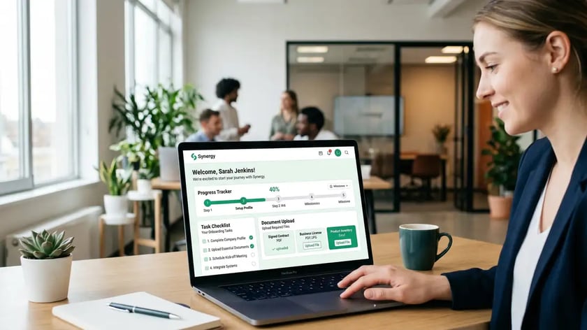 Modern client onboarding portal interface with progress tracker, document uploads, and task checklist