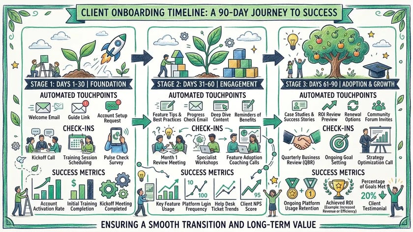 Client onboarding 30-60-90 day timeline with automated touchpoints and success metrics