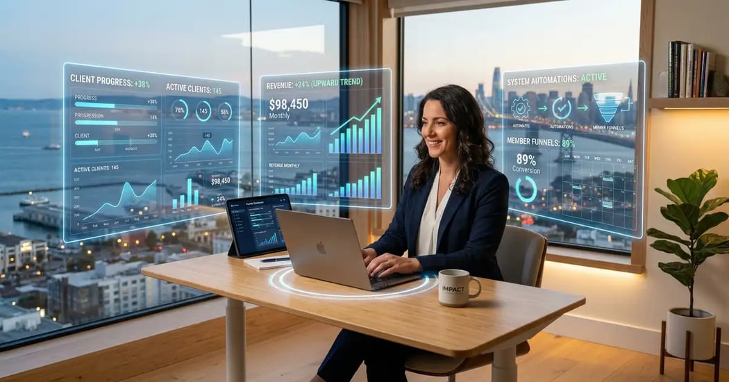 Coaching business founder working from minimalist home office with automated dashboards and revenue charts showing systematic business automation and freedom