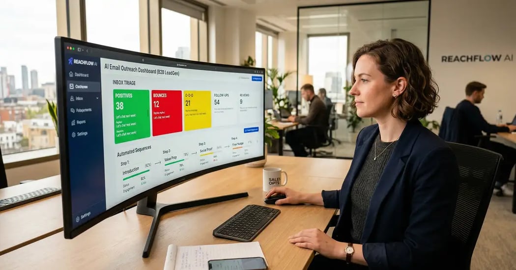 AI-powered cold email automation dashboard showing inbox triage categories with response classifications for B2B sales operations