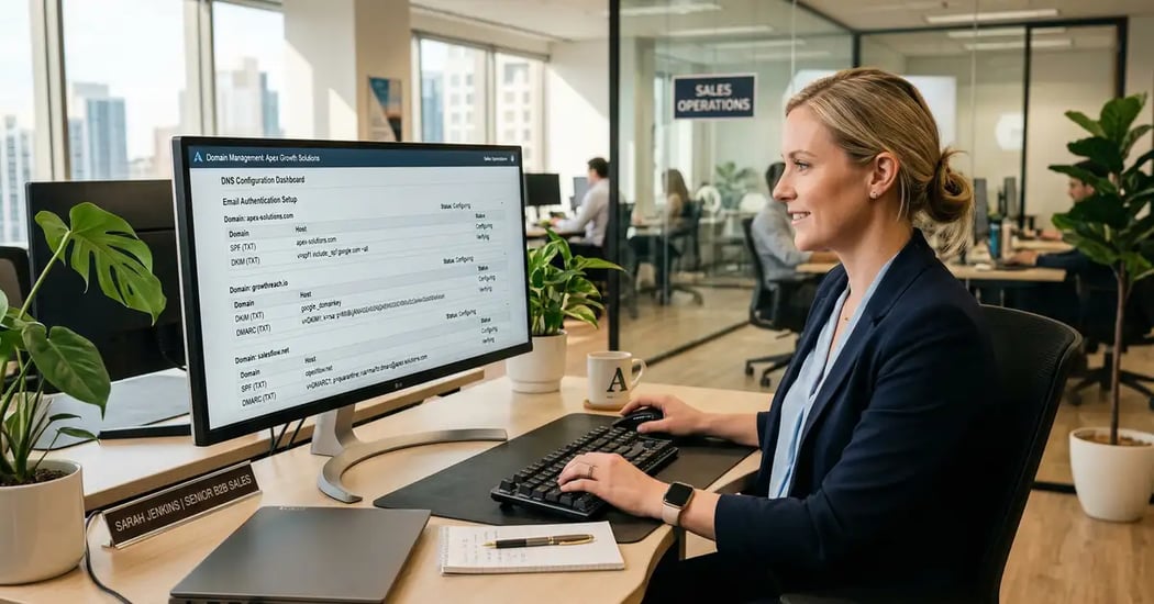 Cold email domain architecture showing DNS authentication setup and deliverability infrastructure for B2B outreach