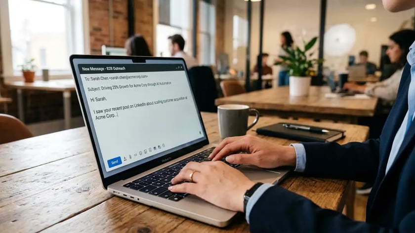 Business professional composing personalized cold email outreach message on laptop for B2B pipeline generation