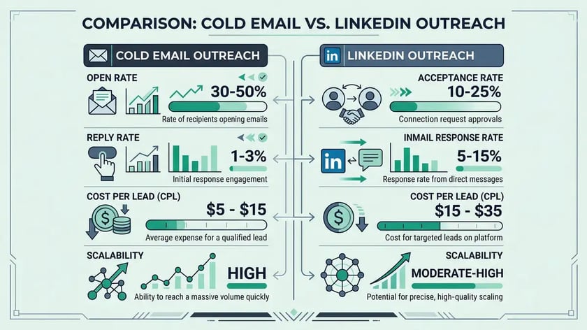Infographic comparing cold email outreach versus LinkedIn outreach cost per lead and performance metrics for B2B pipeline