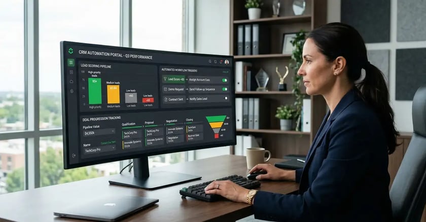 B2B CRM automation dashboard showing lead scoring pipeline with color-coded score tiers, automated workflow triggers, and real-time deal progression tracking