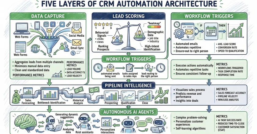 Infographic showing five layers of CRM automation architecture from data capture through lead scoring, workflow triggers, pipeline intelligence, to autonomous AI agents