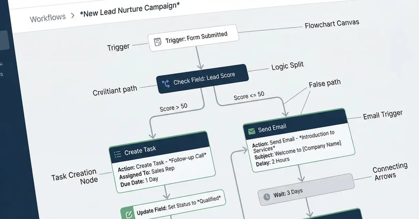 CRM workflow automation builder interface showing conditional branching logic with email triggers and task creation nodes in a modern SaaS flowchart pattern