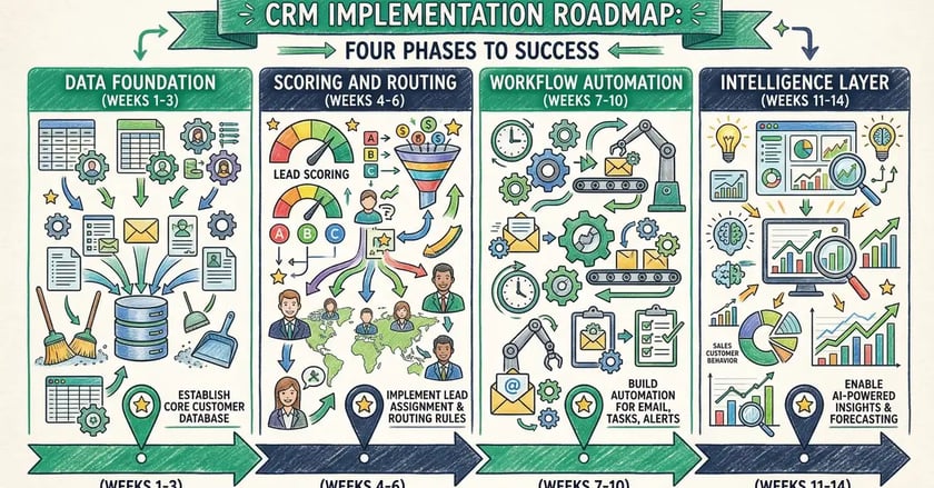 CRM implementation roadmap showing four phases from data foundation to intelligence layer over 14 weeks