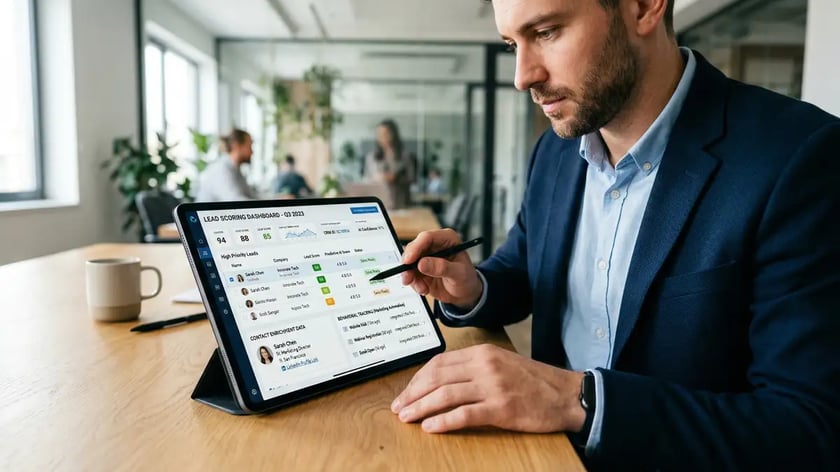 Business professional reviewing integrated CRM lead scoring dashboard with predictive AI scores and behavioral tracking data on tablet