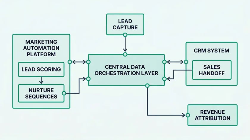 CRM and marketing automation integration architecture infographic showing five connected layers from lead capture through revenue attribution with data flow arrows