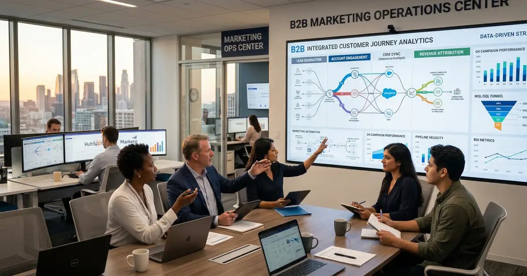 Professional B2B marketing operations center with CRM dashboards and marketing automation workflows connected by data flow visualizations