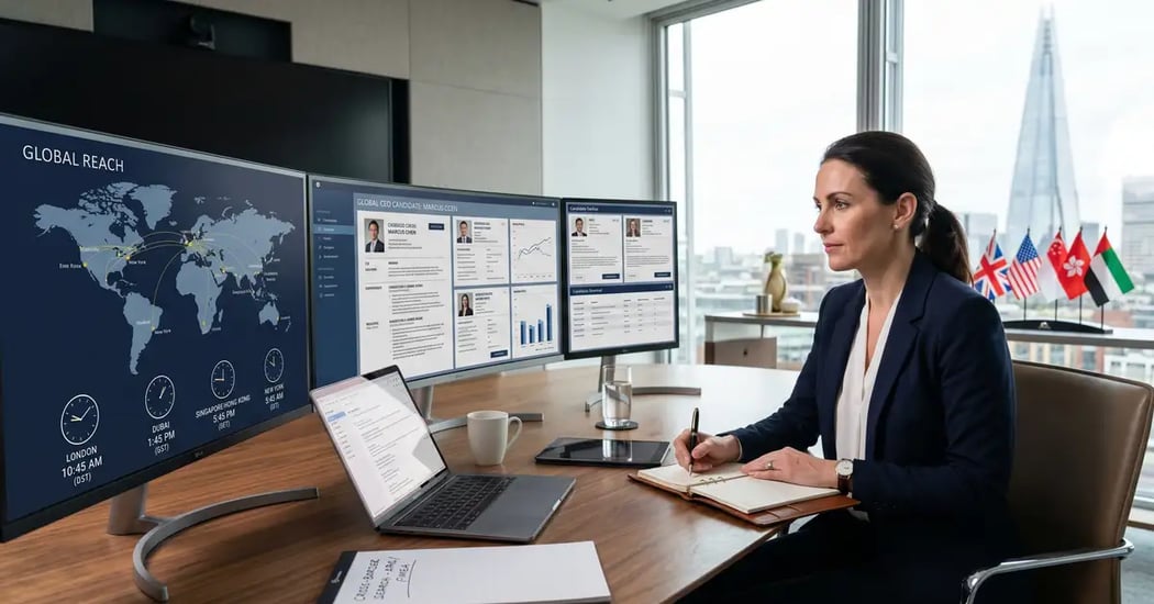 Cross-border executive search practice with global executive recruiter reviewing international candidate portfolios across London, Singapore, Hong Kong, NYC, and Dubai time zones