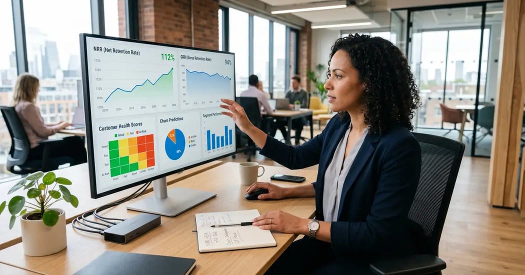 Customer success leader analysing retention dashboards with NRR, GRR, customer health scores