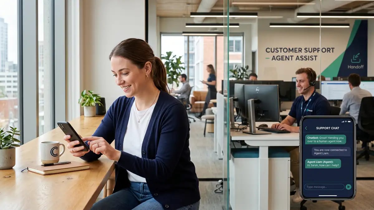Customer resolving a support issue with an AI chatbot on a smartphone with seamless handoff to a human agent