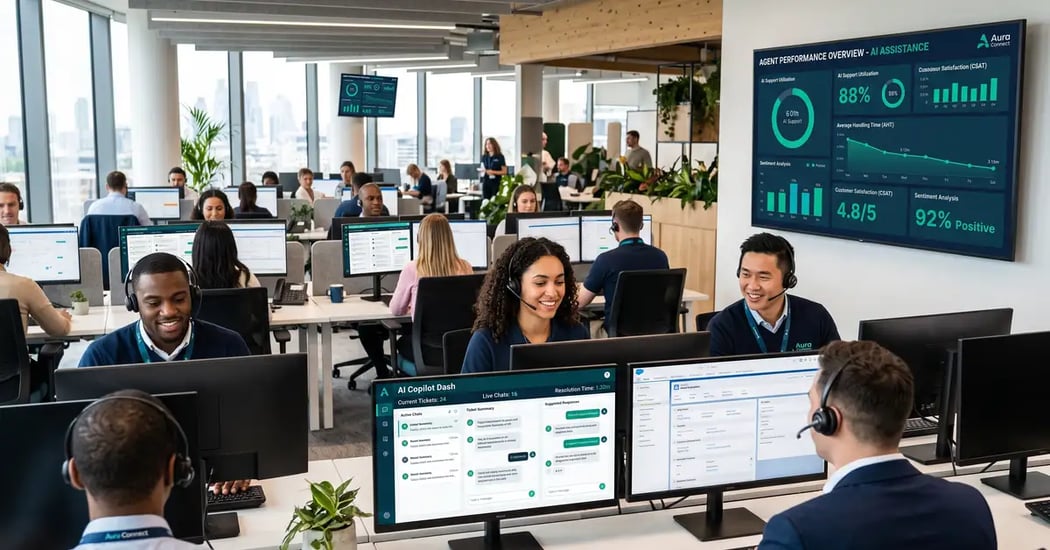 Customer support team working alongside AI assistant dashboards in a modern contact center