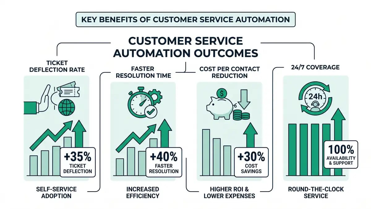 Infographic of customer service automation outcomes: deflection rate, faster resolution, cost reduction, 24/7 coverage