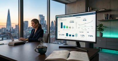 B2B SaaS executive team reviewing customer acquisition cost calculation framework and 2026 benchmarks on a strategy dashboard
