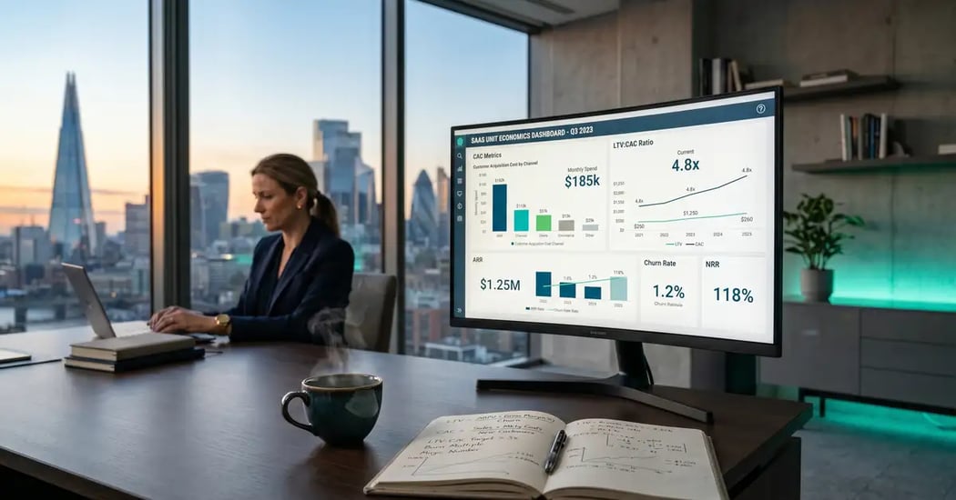 B2B SaaS executive team reviewing customer acquisition cost calculation framework and 2026 benchmarks on a strategy dashboard