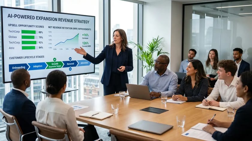 Automated customer success workflow showing health scoring, onboarding, and expansion identification stages for SaaS companies