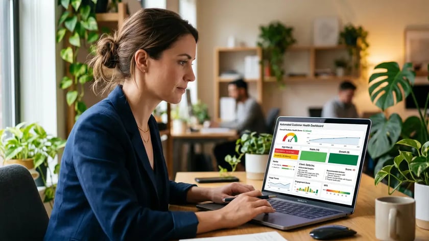 B2B SaaS team analysing customer retention metrics and expansion revenue opportunities on screen