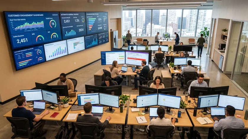 SaaS executive reviewing customer success automation implementation roadmap with team metrics displayed