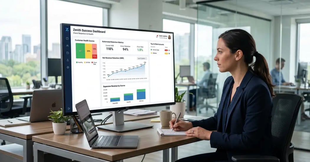 Customer success automation hero showing AI-driven retention and expansion systems for B2B SaaS companies