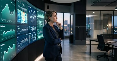 Business leader studying data dashboards in a modern analytics command center, representing data-driven decision making