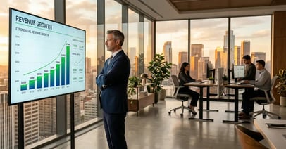 Executive overlooking city skyline reviewing revenue growth dashboard in modern lean office representing decoupled revenue from headcount scaling
