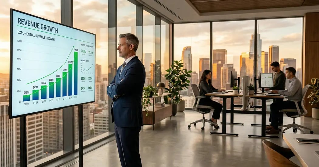 Executive overlooking city skyline reviewing revenue growth dashboard in modern lean office representing decoupled revenue from headcount scaling