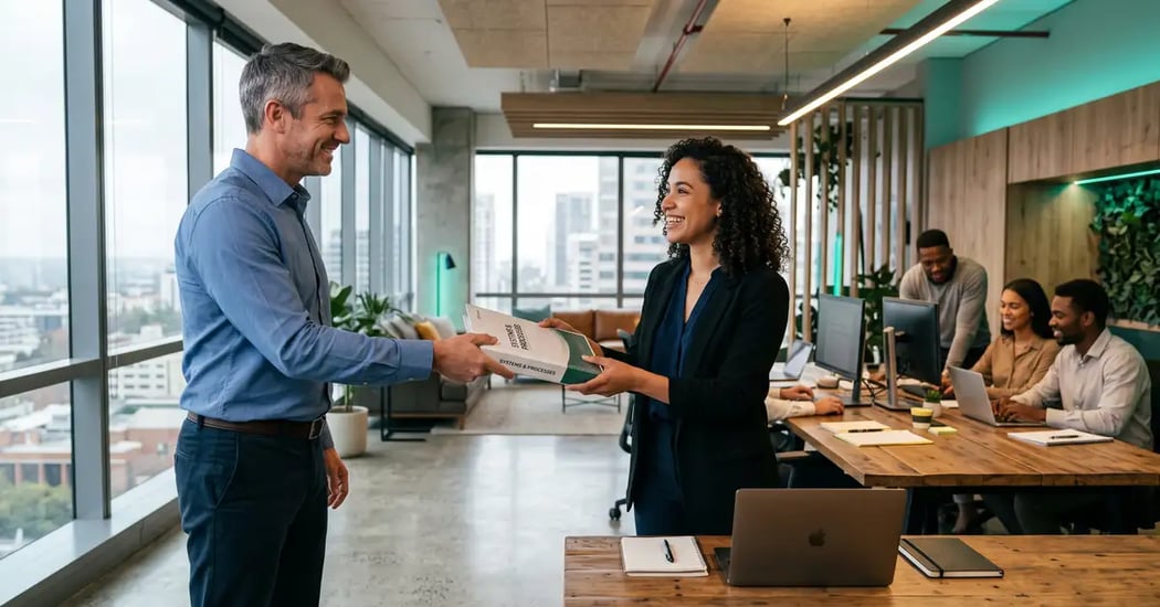 Consultant confidently handing off a documented process to a capable team member while stepping back, representing how to delegate as a consultant